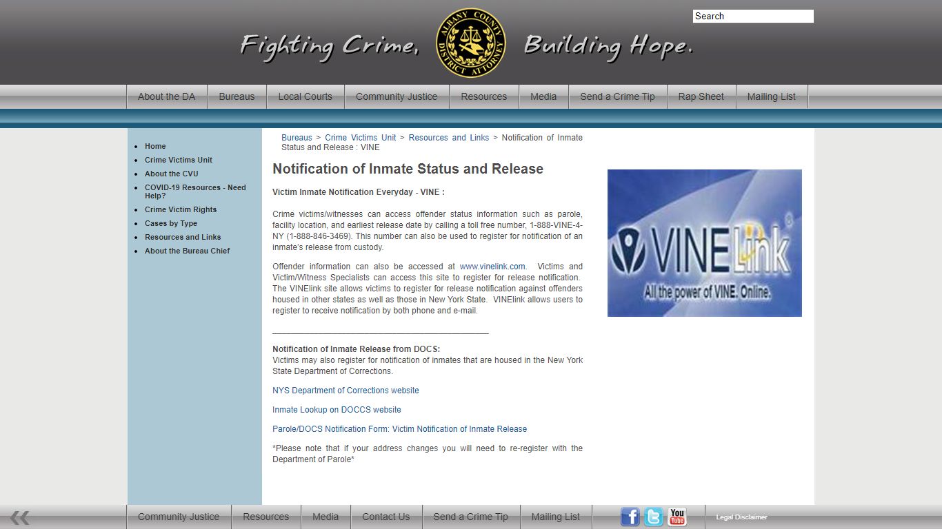 Notification of Inmate Status and Release : VINE - Albany County DA